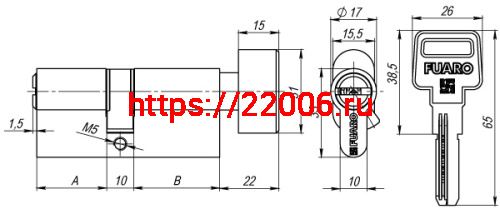 Цилиндровый Fuaro (Фуаро) механизм (R602/60) R6002Knob60(25+10+25) CP хром 5Key с вертушкой фото 3