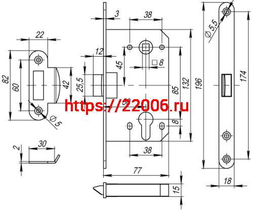 Корпус Fuaro (Фуаро) врезного замка c защёлкой PLASTP85C-50 (P85C-50) AB бронза фото 3