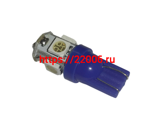 Лампа светодиодная (LED) 12V  T10  (W2,1х9,5d)  5SMD 1,2W чип 3528 синяя фото 2
